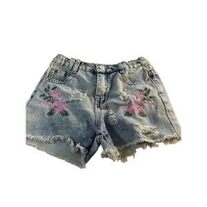 Girls Jean Shorts Flower Embroidered Destroyed Adjustable Waist Size 7